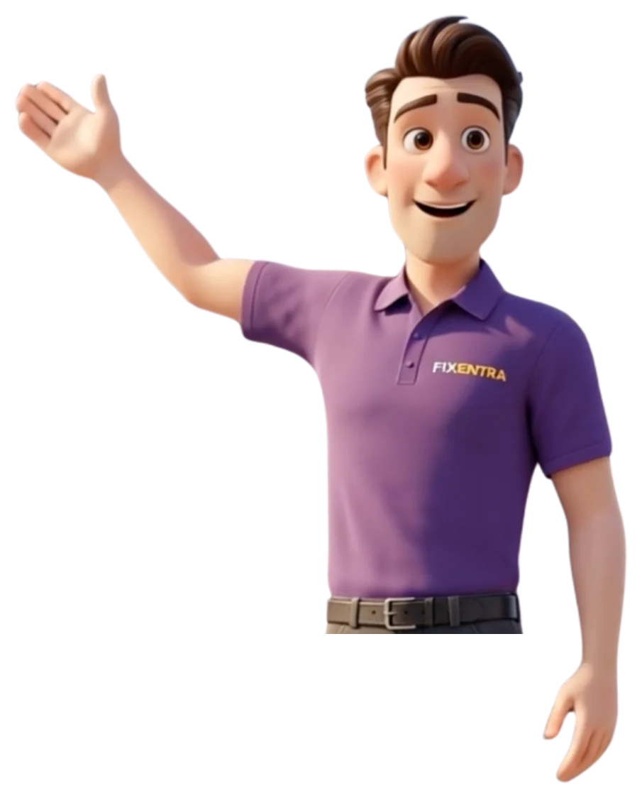 De Fixentra-mascotte in een paarse Fixentra-polo