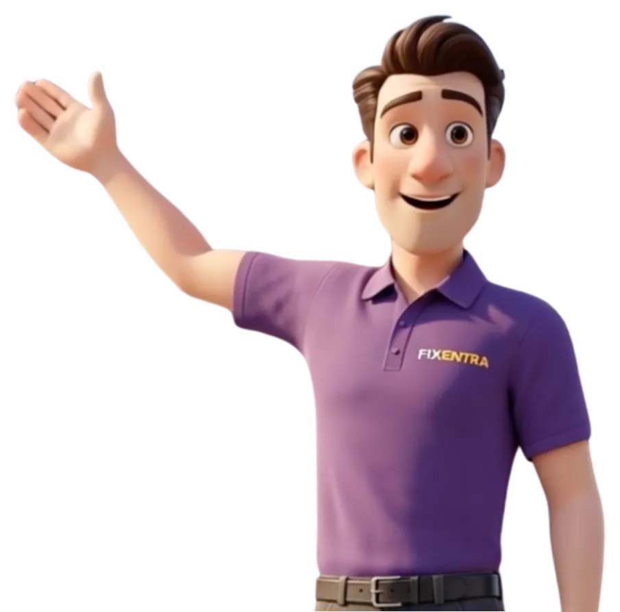De Fixentra-mascotte in een paarse Fixentra-polo