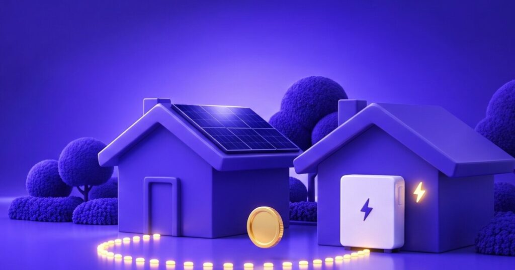 Twee huizen verbonden door een lichtpad, met zonnepanelen en een thuisbatterij